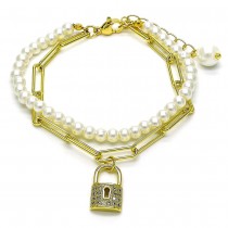 Gold Finish Fancy Bracelet Lock and Paperclip Design with Ivory Pearl and White Micro Pave Polished Golden Tone