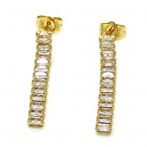Gold Finish Long Earring Baguette Design with White Cubic Zirconia Polished Golden Tone