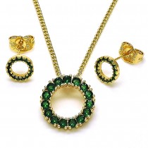 Gold Finish Earring and Pendant Set Cluster Design with Green Cubic Zirconia and Green Micro Pave Polished Golden Tone