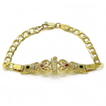 Gold Finish Fancy Bracelet San Judas and Cuban Design with White Crystal Polished Golden Tone