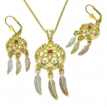 Gold Finish Earring and Pendant Set Flower and Leaf Design with Garnet and White Cubic Zirconia Polished Tri Tone