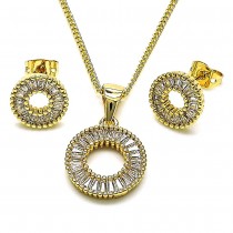 Gold Filled Earring and Pendant Set Circle and Baguette Design with White Cubic Zirconia Polished Golden Finish