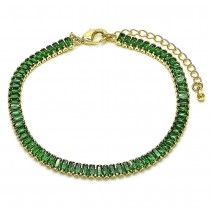 Gold Finish Tennis Bracelet Baguette Design with Green Cubic Zirconia Polished Golden Tone