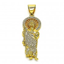 Gold Finish Religious Pendant San Judas Design with White Micro Pave Polished Golden Tone