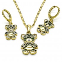 Gold Finish Earring and Pendant Set Teddy Bear Design with Green and Black Micro Pave Polished Golden Tone