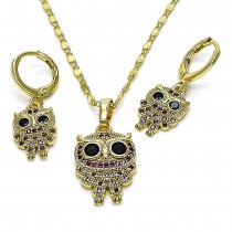 Gold Finish Earring and Pendant Set Owl Design with Black Cubic Zirconia and Ruby Micro Pave Polished Golden Tone