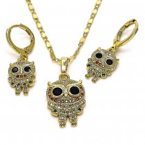 Gold Finish Earring and Pendant Set Owl Design with Black Cubic Zirconia and Multicolor Micro Pave Polished Golden Tone
