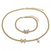 Gold Finish Necklace and Bracelet Butterfly and Guadalupe Design with White Micro Pave Polished Golden Tone