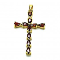 Gold Finish Religious Pendant Cross Design with Garnet Cubic Zirconia Polished Golden Tone