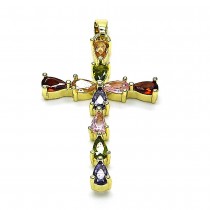 Gold Finish Religious Pendant Cross Design with Multicolor Cubic Zirconia Polished Golden Tone