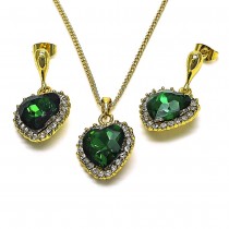 Gold Filled Earring and Pendant Set Heart Design with Emerald and Crystal Crystal Polished Golden Finish