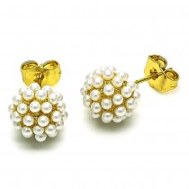 Gold Finish Stud Earring Ball Design with Ivory Pearl Polished Golden Tone