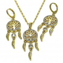 Gold Filled Earring and Pendant Set Tree and Leaf Design with White Micro Pave and White Cubic Zirconia Polished Golden Finish