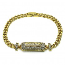 Gold Finish Fancy Bracelet Greek Key and Miami Cuban Design with White Cubic Zirconia Polished Golden Tone