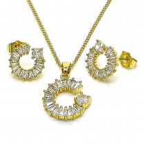 Gold Filled Earring and Pendant Set Moon and Baguette Design with White Cubic Zirconia Polished Golden Finish