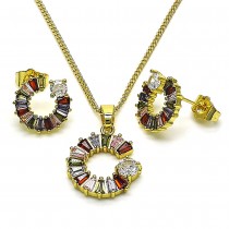 Gold Filled Earring and Pendant Set Moon and Baguette Design with Multicolor Cubic Zirconia Polished Golden Finish