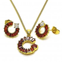 Gold Filled Earring and Pendant Set Moon and Baguette Design with Garnet and White Cubic Zirconia Polished Golden Finish