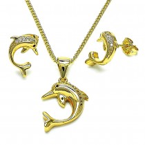 Gold Finish Earring and Pendant Set Dolphin Design Polished Golden Tone