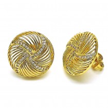 Gold Finish Stud Earring with White Micro Pave Polished Golden Tone