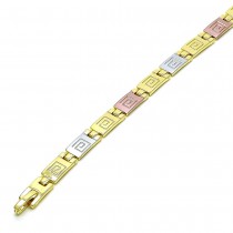 Gold Finish Solid Bracelet Greek Key Design Polished Tri Tone