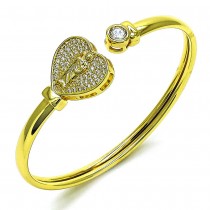 Gold Finish Individual Bangle Heart and San Judas Design with White Micro Pave and White Cubic Zirconia Polished Golden Tone