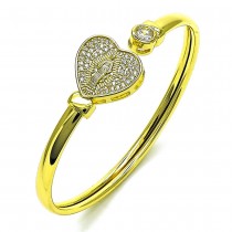 Gold Finish Individual Bangle Heart and Guadalupe Design with White Micro Pave and White Cubic Zirconia Polished Golden Tone