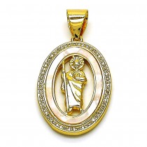 Gold Filled Religious Pendant St. Jude Design with Ivory Mother of Pearl and White Micro Pave Polished Golden Finish