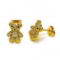 Gold Finish Stud Earrings Teddy Bear Design with White and Black Micro Pave Polished Golden Tone
