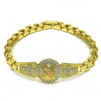 Gold Finish Solid Bracelet San Judas and Cross Design with White Cubic Zirconia Polished Tri Tone