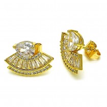 Gold Finish Stud Earring Baguette Design with White Cubic Zirconia and White Micro Pave Polished Golden Tone