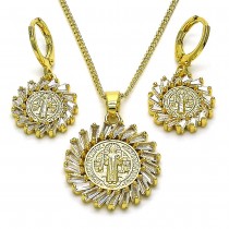 Gold Filled Earring and Pendant Set San Benito and Baguette Design with White Cubic Zirconia Polished Golden Finish