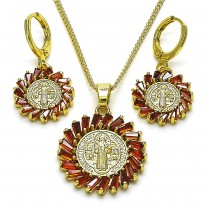 Gold Filled Earring and Pendant Set Style San Benito and Baguette Design with Garnet Cubic Zirconia Polished Golden Finish