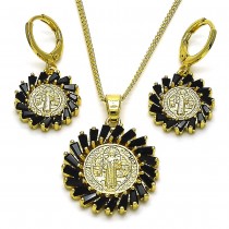 Gold Filled Earring and Pendant Set Style San Benito and Baguette Design with Black Cubic Zirconia Polished Golden Finish