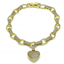 Gold Finish Fancy Bracelet Heart Design with White Micro Pave Polished Golden Tone