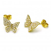 Gold Finish Stud Earring Butterfly Design with Ivory Pearl Polished Golden Tone