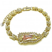 Gold Filled Solid Bracelet Guadalupe and Flower Design with White Cubic Zirconia Polished Tricolor