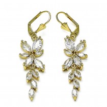 Gold Filled Long Earring Flower and Leaf Design with White Cubic Zirconia Polished Golden Finish