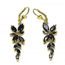 Gold Filled Long Earrings Flower and Leaf Design with Black Cubic Zirconia Polished Golden Finish