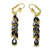 Gold Filled Long Earrings Leaf and Teardrop Design with Black Cubic Zirconia Polished Golden Finish