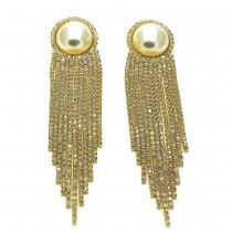 Gold Filled Long Earrings with Ivory Pearl and White Crystal Polished Golden Finish