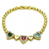 Gold Filled Fancy Bracelet Heart Design with Multicolor Micro Pave Polished Golden Finish