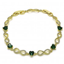 Gold Filled Fancy Bracelet Infinite and Heart Design with Green Cubic Zirconia and White Micro Pave Polished Golden Finish