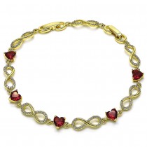 Gold Filled Fancy Bracelet Infinite and Heart Design with Ruby Cubic Zirconia and White Micro Pave Polished Golden Finish