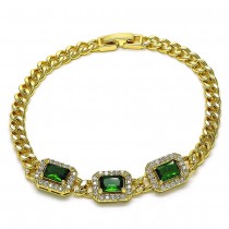Gold Filled Fancy Bracelet Miami Cuban Design with Green Cubic Zirconia and White Micro Pave Polished Golden Finish