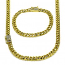 Gold Filled Necklace and Bracelet Set Miami Cuban Design with White Micro Pave Polished Golden Finish