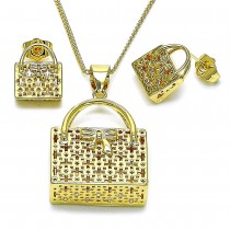 Gold Filled Earring and Pendant Set Handbag Design with White Micro Pave Polished Golden Finish