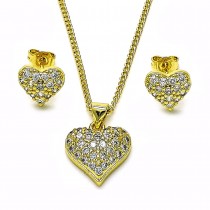 Gold Filled Earring and Pendant Set Heart Design with White Micro Pave Polished Golden Finish