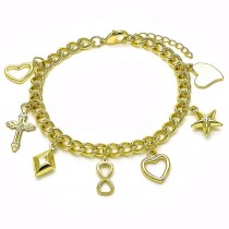 Gold Filled Charm Bracelet Miami Cuban and Heart Design Polished Golden Finish
