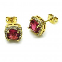Gold Filled Stud Earring Cluster Design with Ruby Cubic Zirconia and White Micro Pave Polished Golden Finish