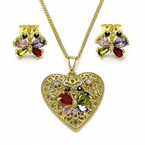 Gold Filled Earring and Pendant Set Heart and Butterfly Design with Multicolor Cubic Zirconia Polished Golden Finish